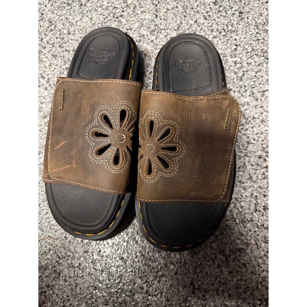 Dr. Martens Zebzag Slide Brown Leather Flower Platform Sandals Mens 7 Womens 8